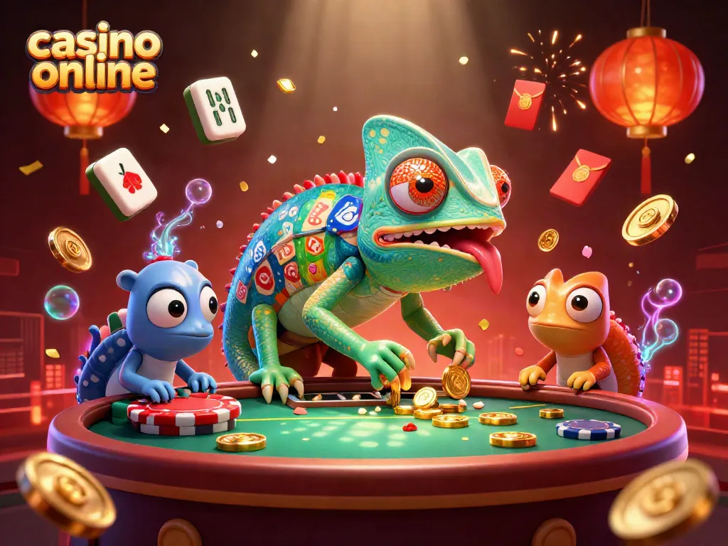 Disfruta de la experiencia de casino online con nuestro divertido dueño camaleón y elementos vibrantes.