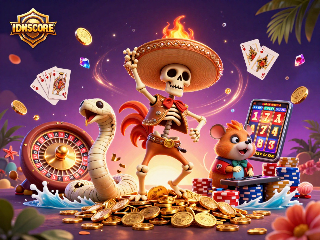Play exciting games at IDNSCORE with a vibrant scene of animated casino characters and rich casino elements.