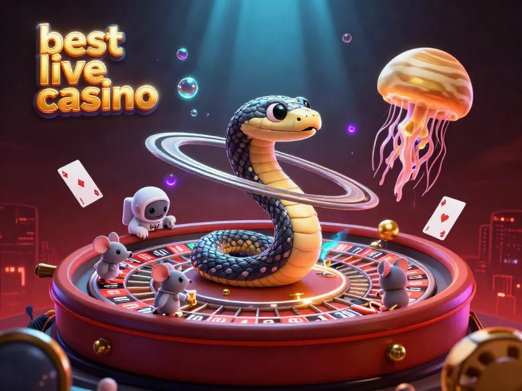 Experience the excitement of the best live casino with a vibrant 3D scene featuring a roulette wheel, playful characters, and dynamic game elements.