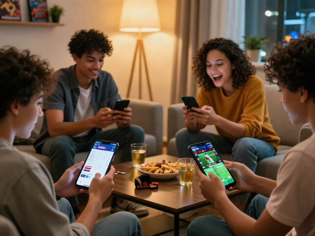 Exciting online betting atmosphere at https://net88.broker/ with friends enjoying games and mobile devices.