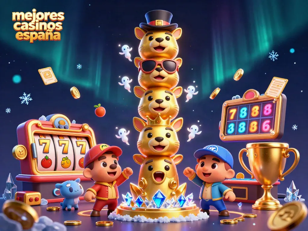 Visualiza los mejores casinos España con un tótem dorado, símbolos de juego y elementos dinámicos.