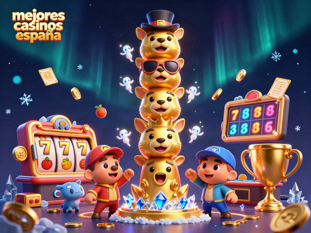 Visualiza los mejores casinos España con un tótem dorado, símbolos de juego y elementos dinámicos.