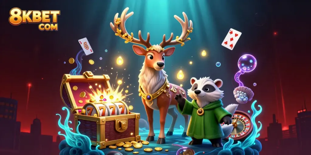 Engage in thrilling gaming experiences with 8KBET COM, featuring a magical 3D casino scene.
