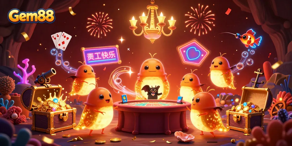 Experience Gem88's vibrant online casino with glowing elements and festive details in a captivating 3D scene