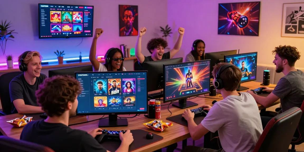 Excited players enjoying HAYWIN gaming platform with vibrant lights and multiple screens showcasing games.