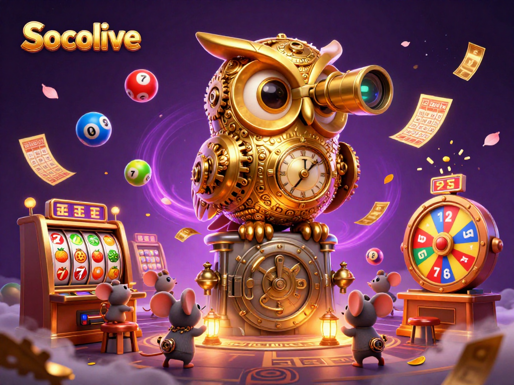 See Socolive's vibrant golden owl character scanning a bustling casino filled with colorful lottery balls and slot machines.