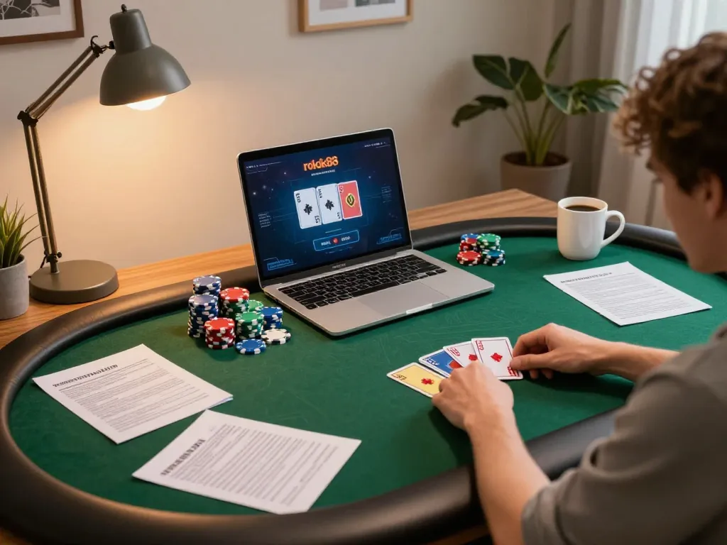 Engaging in poker gameplay on rokok88 laptop with colorful chips and strategy notes.