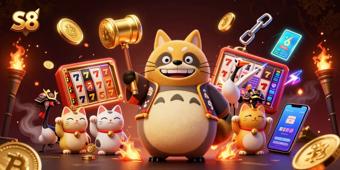 S8 promotes exciting slot game wins with festive characters and vibrant casino elements.