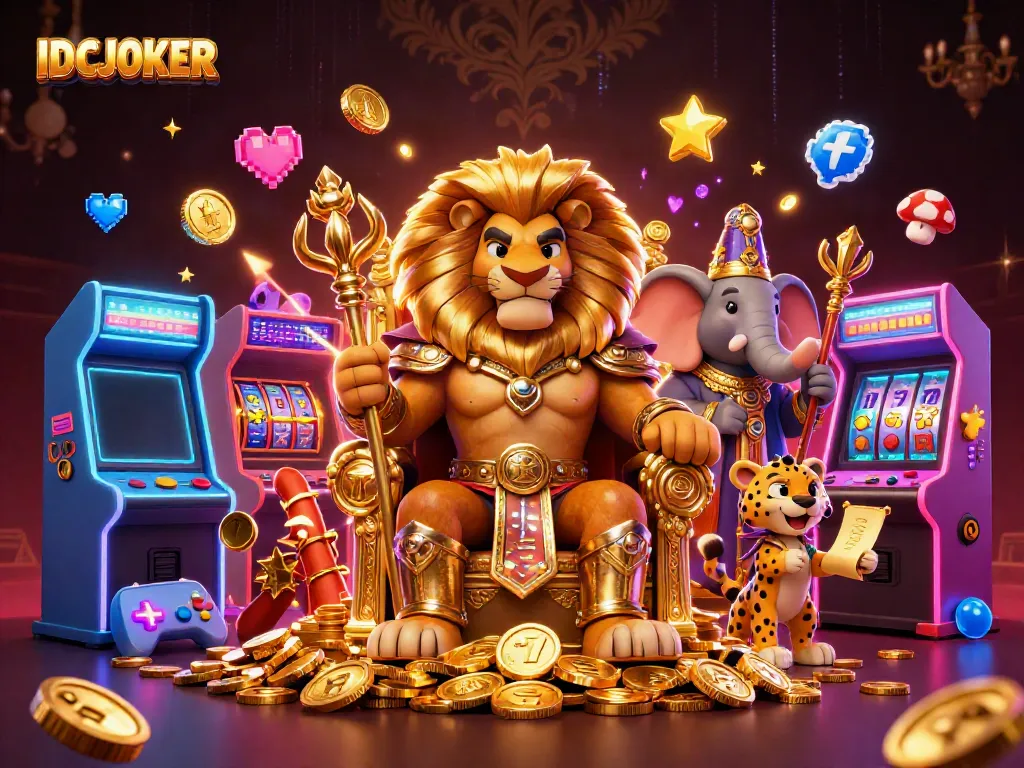 IDCJOKER showcases a vibrant 3D scene with a lion king on a throne, highlighting dynamic casino elements.