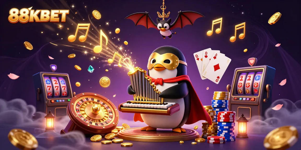 Experience the lively world of 88KBET through this vibrant 3D casino scene featuring a golden-masked penguin and dynamic gaming elements.