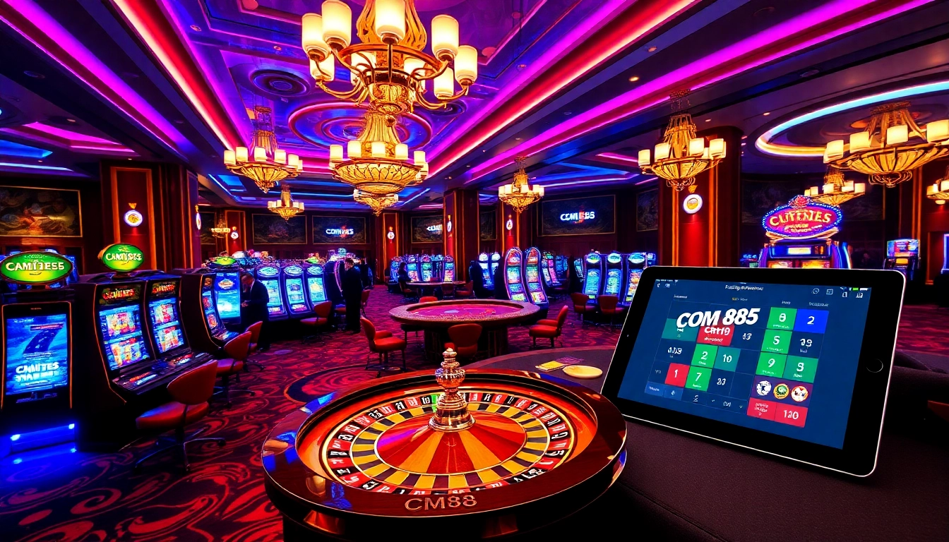 Experience CM88 as gamblers place bets at a luxurious casino table surrounded by vibrant slot machines.