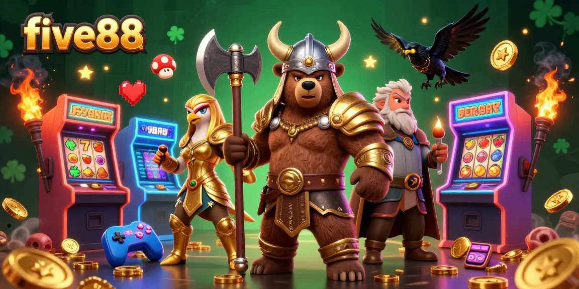Engage with five88's thrilling jackpot adventures featuring Viking and eagle characters surrounded by arcade games.