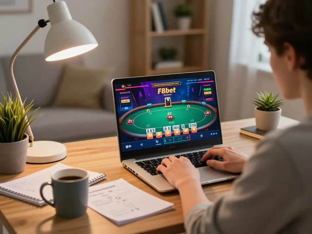 Player enjoys online F8bet poker gameplay on a laptop in a cozy home setting with strategy notes and warm lighting.