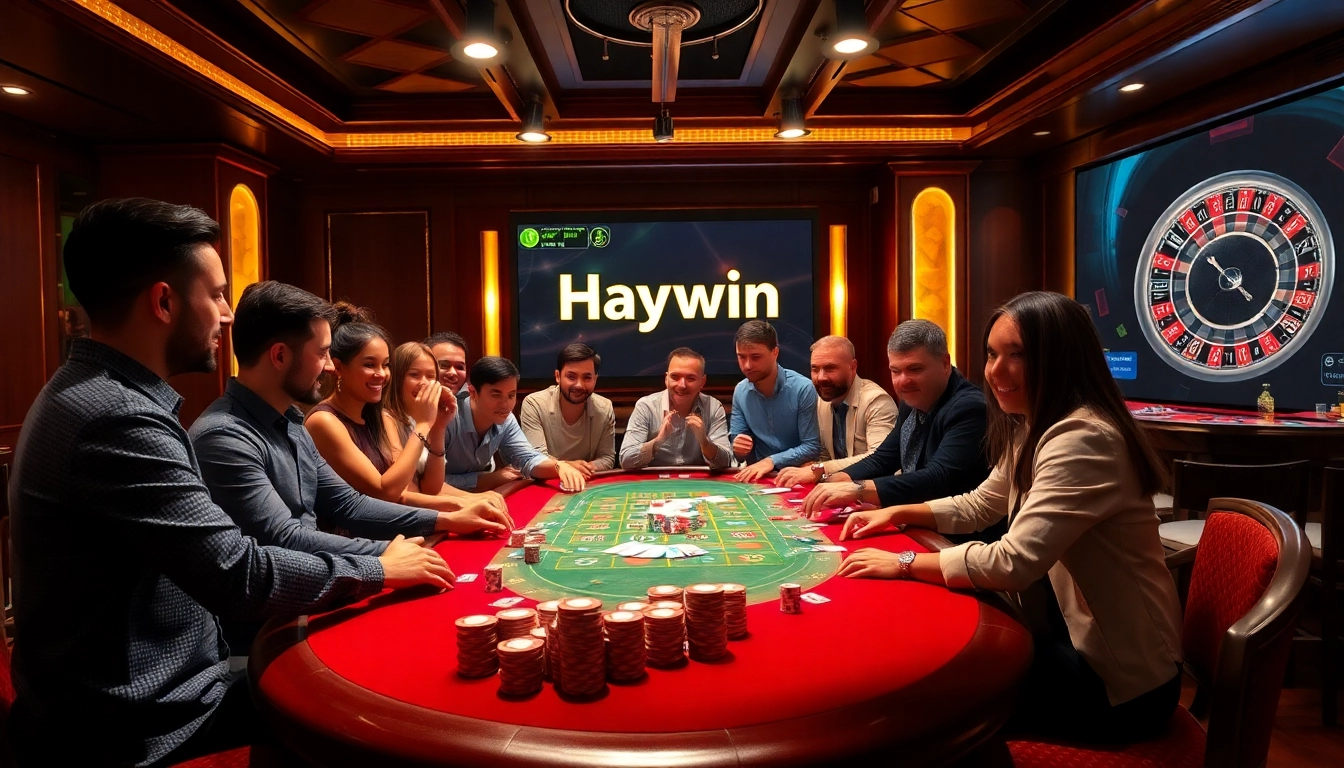 Engaged poker players at a Haywin casino table, surrounded by vibrant chips and cards.