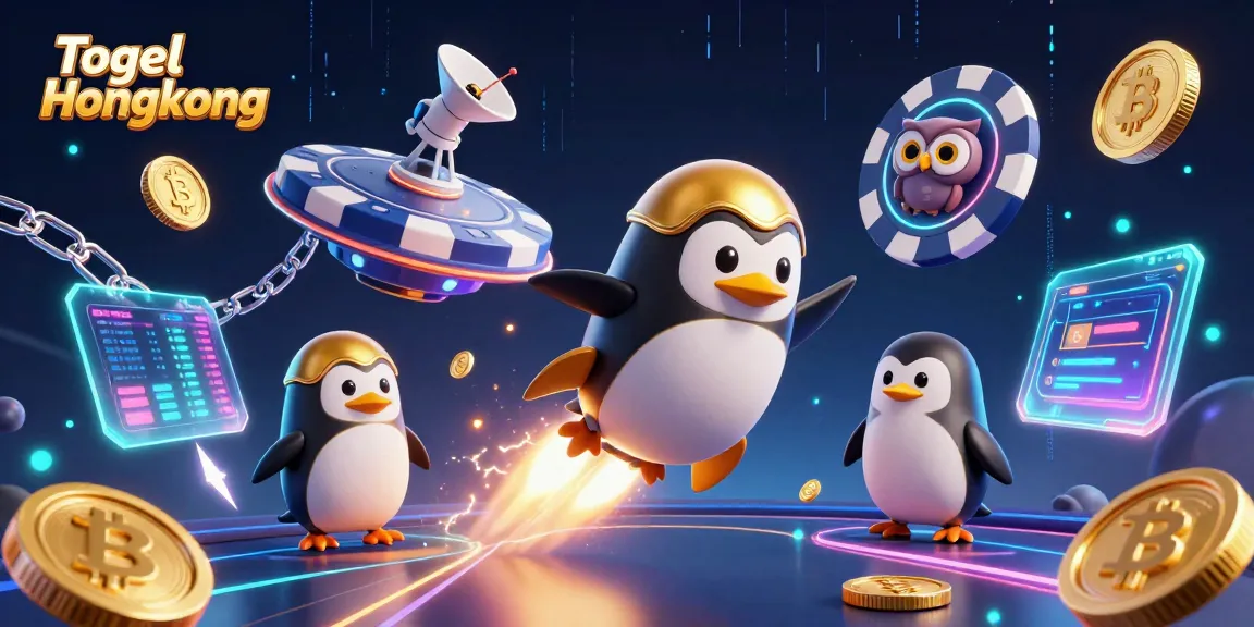 Togel Hongkong showcases a vibrant 3D penguin journeying through space, symbolizing exciting online betting.