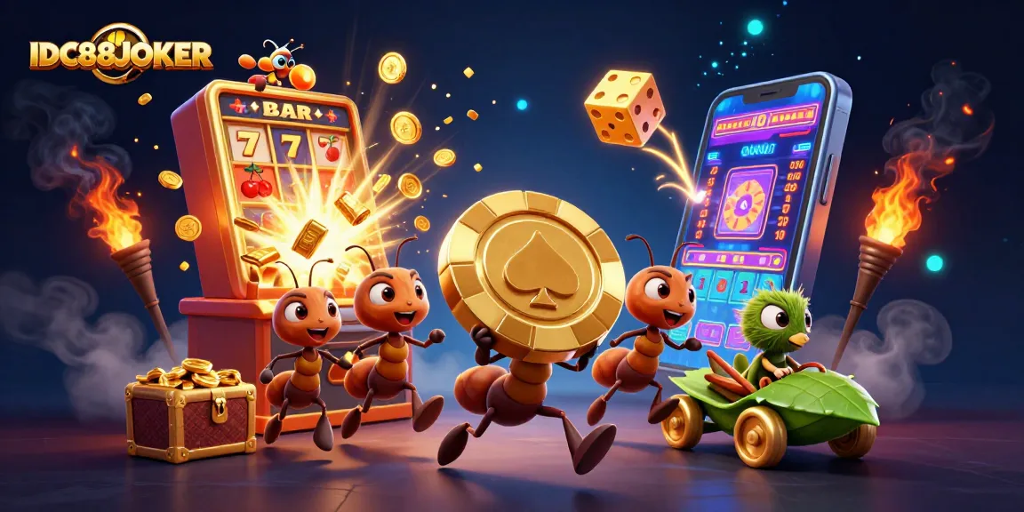 A team of ants carrying a golden poker chip in a colorful casino heist scene for IDC88JOKER.