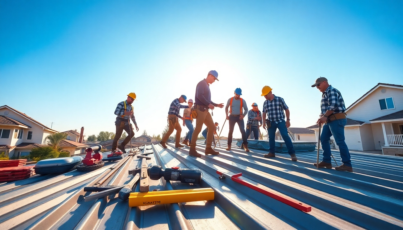 Installers working on metal roofing, demonstrating skill and teamwork in a sunny environment.
