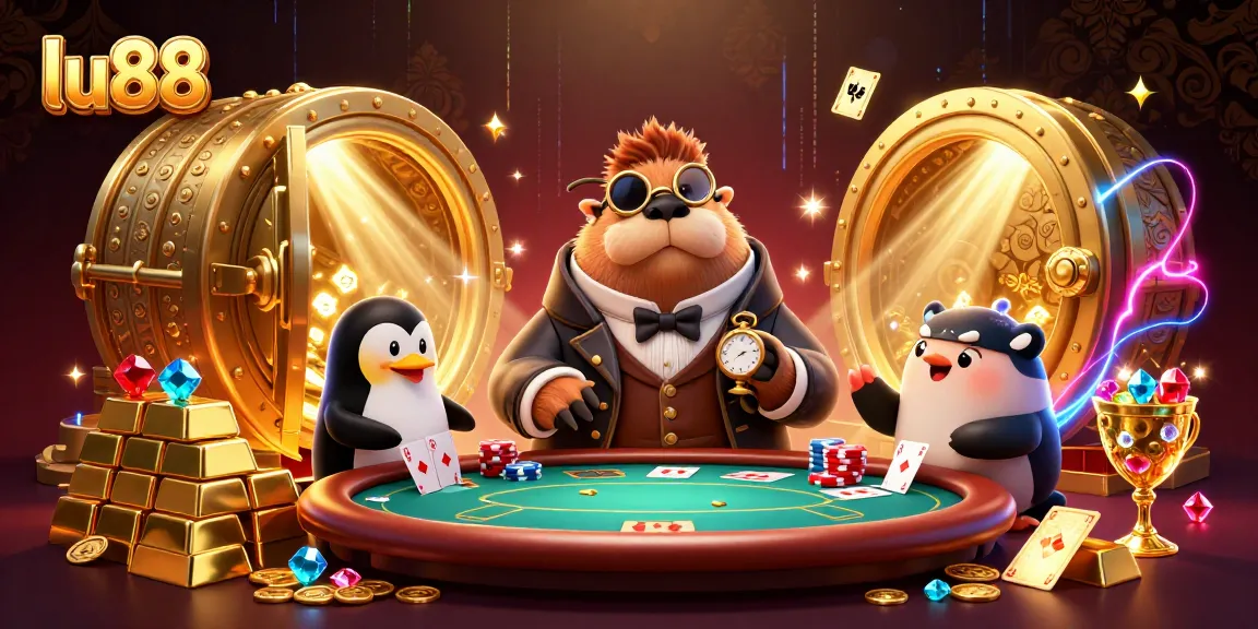 Engage with the fun poker scene featuring lu88's jolly walrus, a sophisticated penguin dealer, and a bluffing pufferfish in a lavish underwater setting.