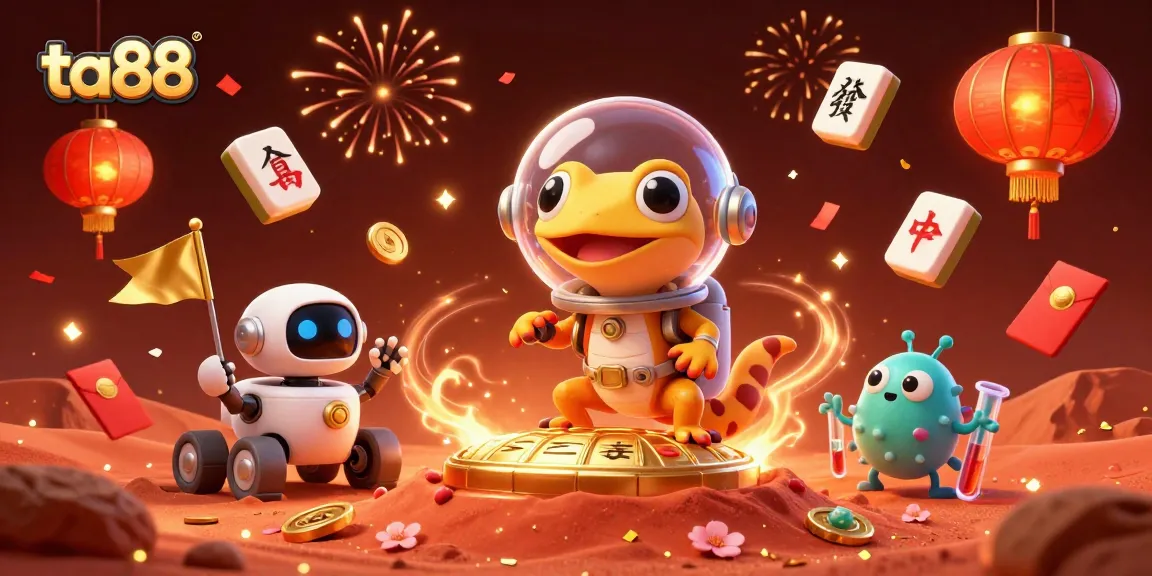 Experience the thrill of ta88's casino adventure with a Martian gecko discovering games in a vibrant scene.