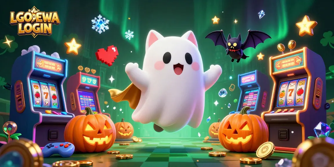Engage with LGODEWA LOGIN as a friendly ghost cat explores a haunted casino, surrounded by games.