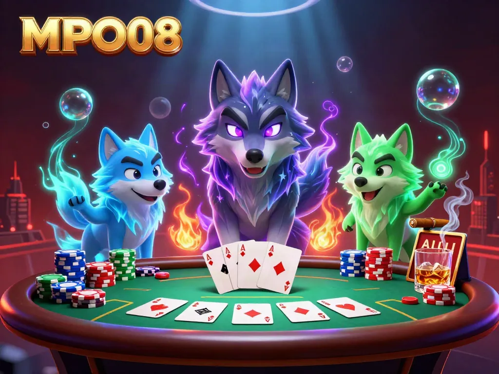 Experience thrilling poker action with MPO08's interactive ghostly wolves at a vibrant casino.