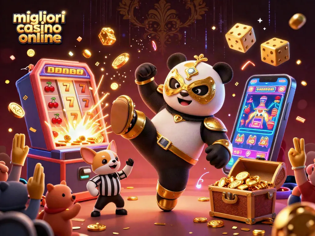 I migliori casino online presentano il panda che sferra un colpo, circondato da slot machine e simboli di fortuna.