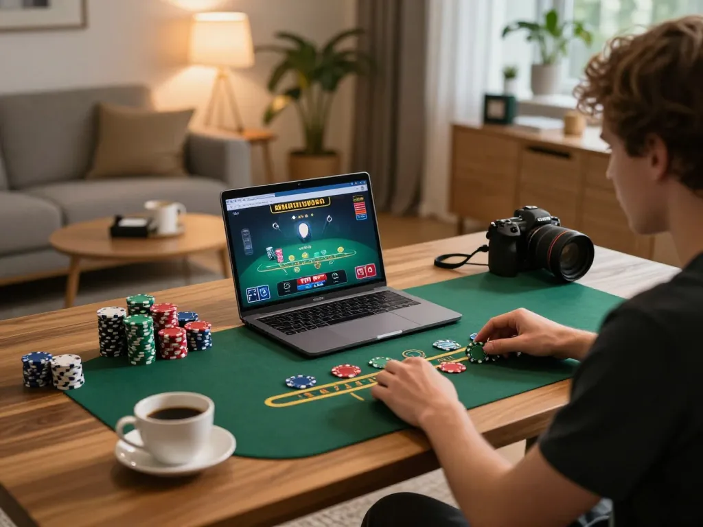 Xoilac offers strategic online blackjack gameplay in a cozy home setting with engaged player.