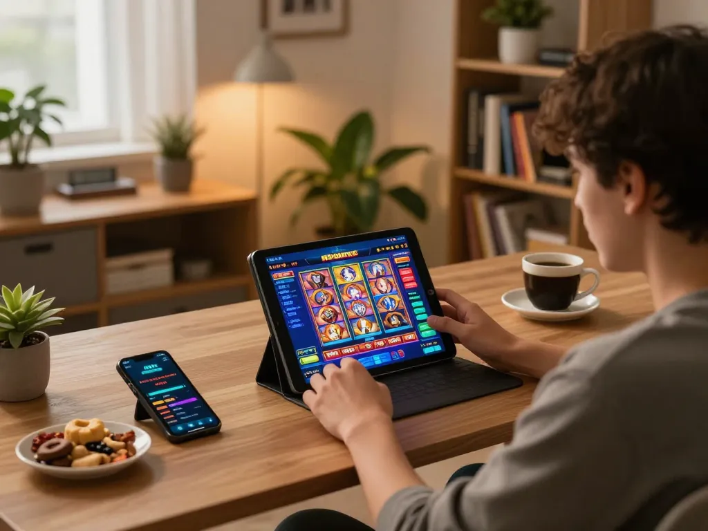 Engaged player using the MK8th casino app on a tablet in a cozy home setting, showcasing strategic online gaming.