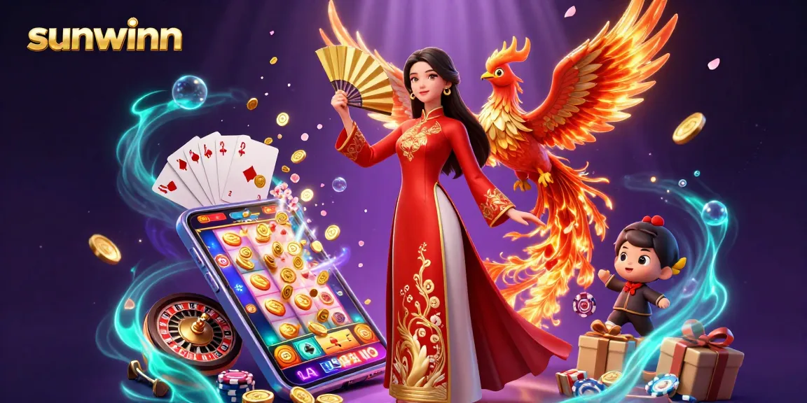 Play and win at Sunwinn with dynamic slots, a phoenix, and vibrant casino elements in 3D.