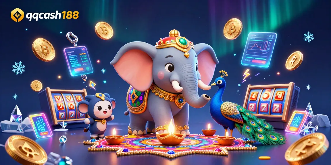 Engage with qqcash188's vibrant gaming world filled with slots, crypto coins, and dynamic illustrations.