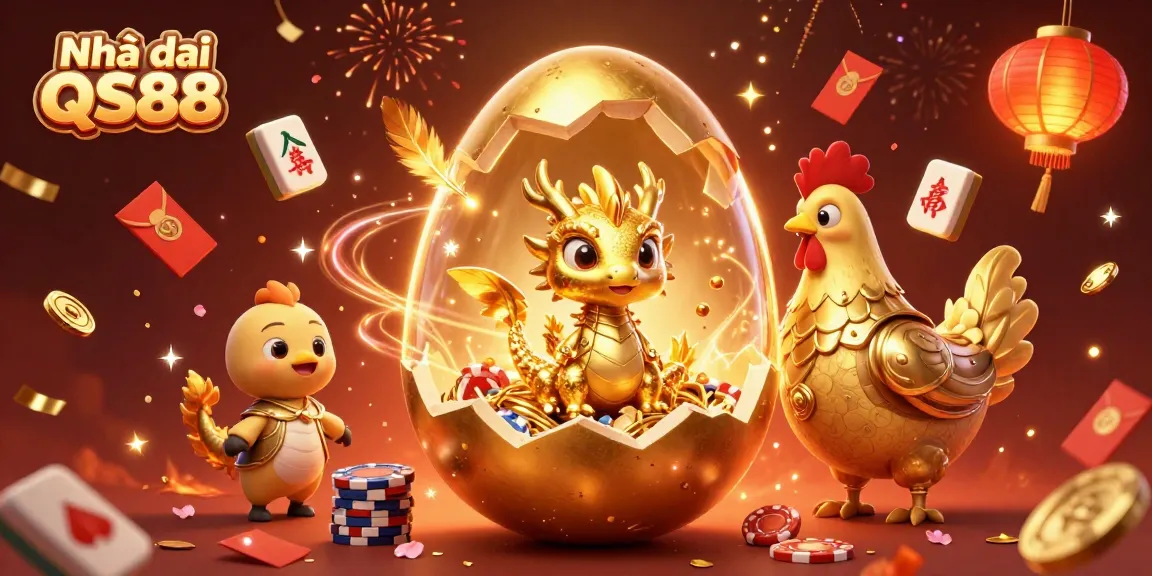 Experience thrilling moments at Nhà cái QS88 with golden dragon guarding prized poker chips amidst festive elements.