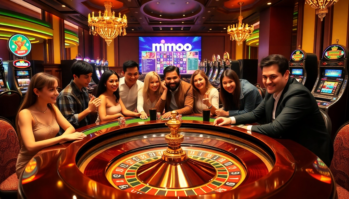 Engaged players at a vibrant casino scene showcasing mmoo gambling excitement with roulette and poker chips.