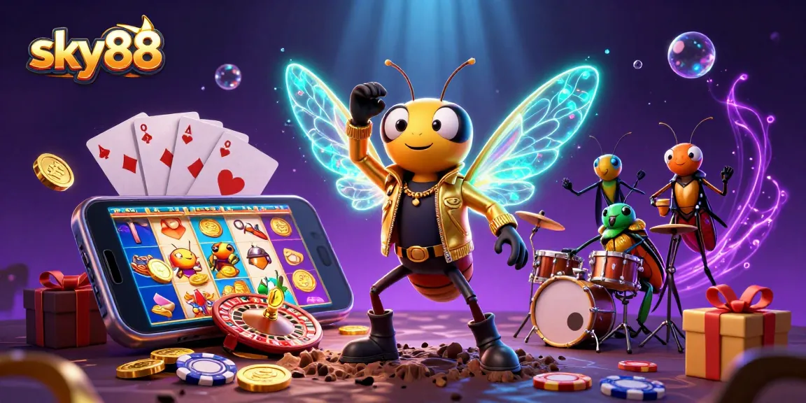 Sky88 casino scene with a cicada rock star and vibrant gaming elements for an engaging experience
