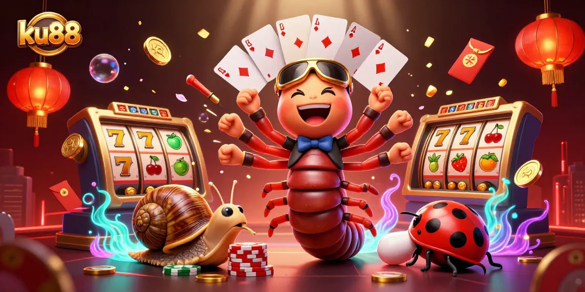 Experience exciting wins at ku88 with a vibrant, dynamic casino scene featuring colorful slot reels and animated characters.