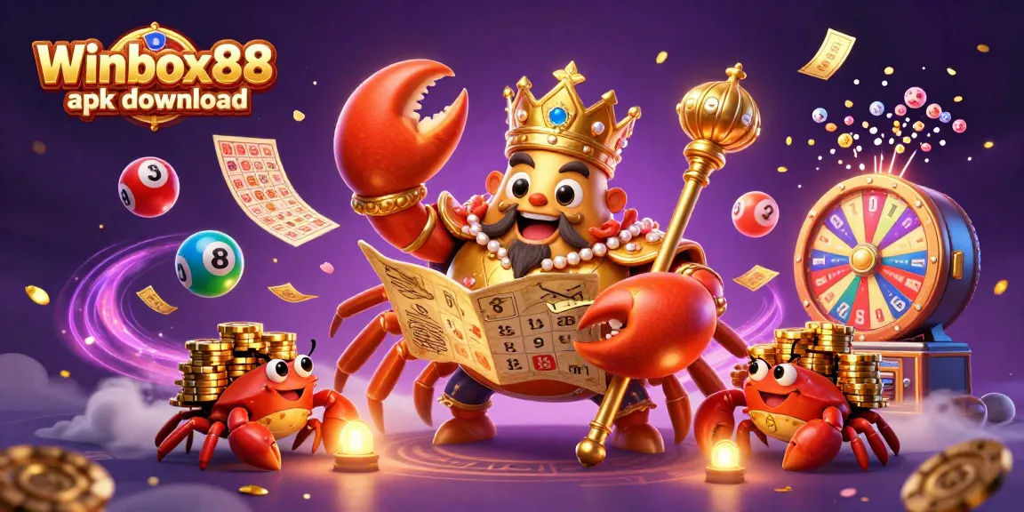 Experience the excitement of Winbox88 apk download with a vibrant casino-themed 3D illustration featuring a golden crab emperor.