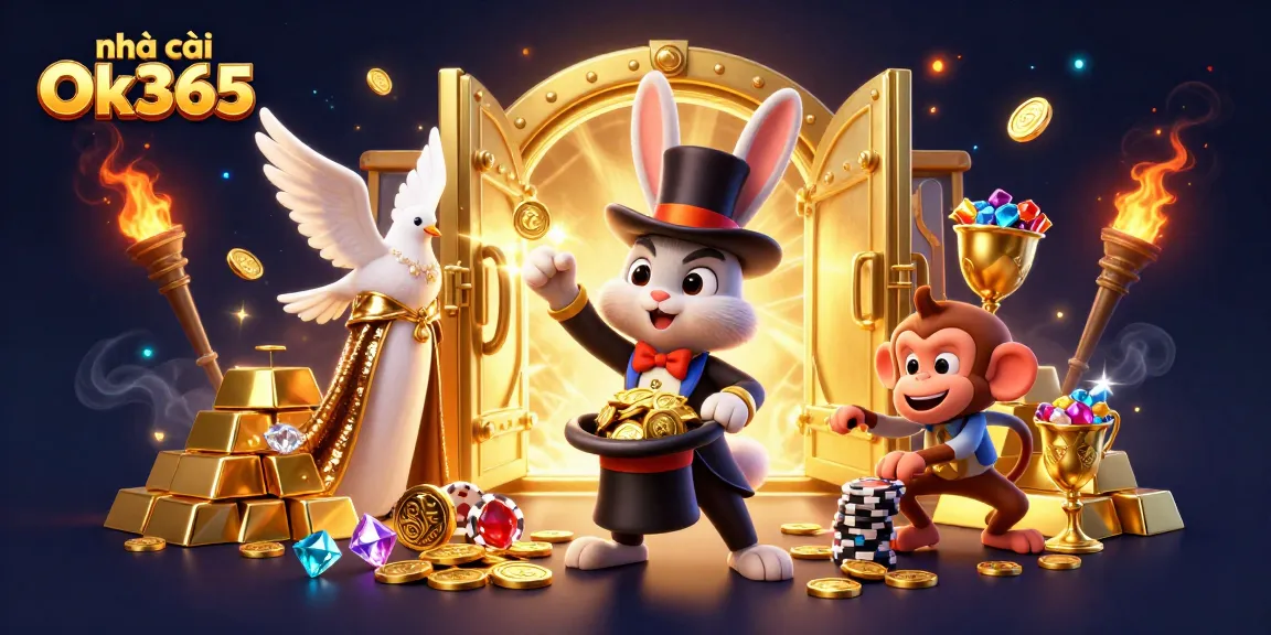 Play interactive games at nhà cái Ok365 with a cartoon magician pulling coins from a hat.
