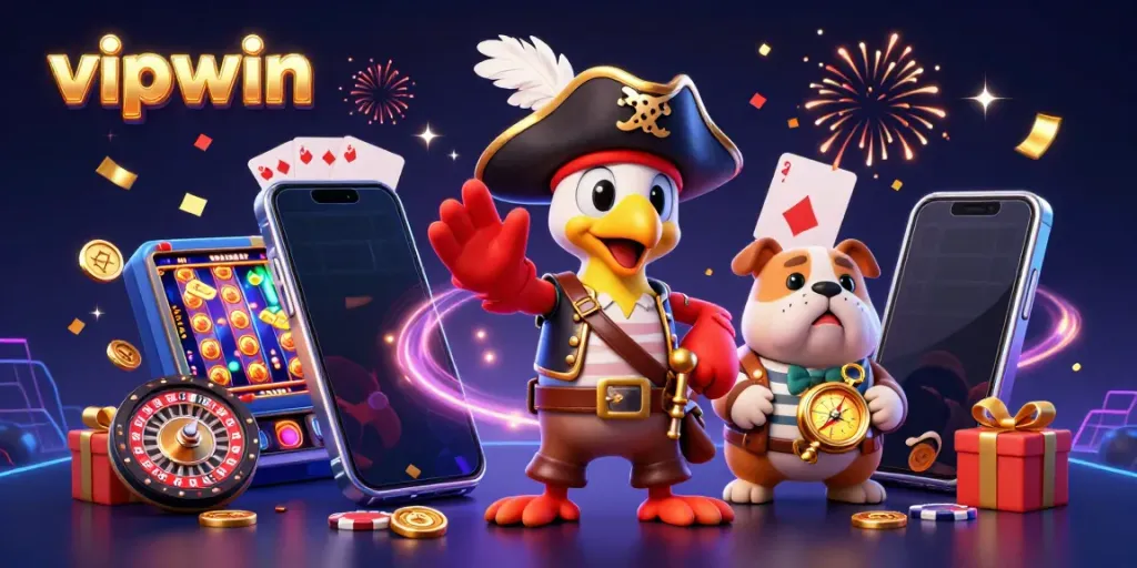 Win big at vipwin with an exciting scene featuring gaming characters and vibrant casino elements.