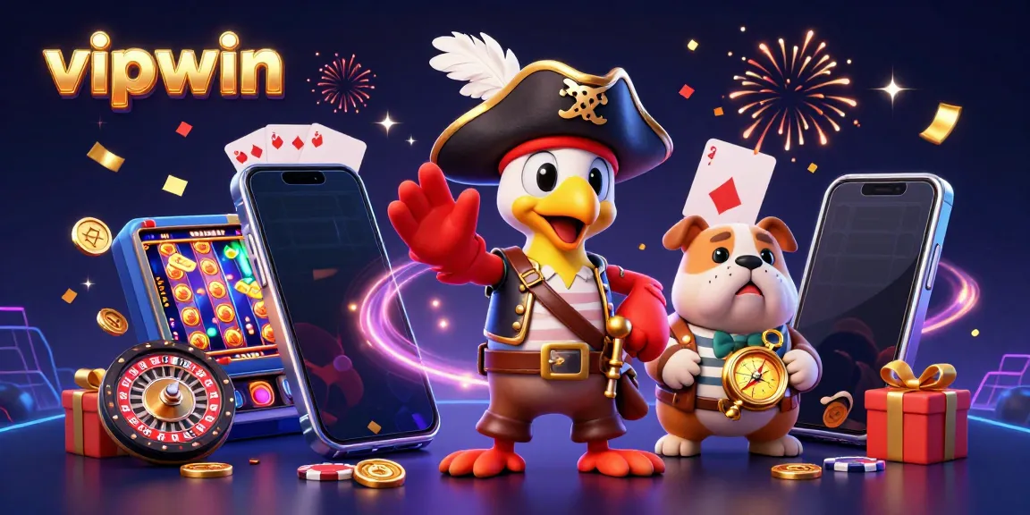 Win big at vipwin with an exciting scene featuring gaming characters and vibrant casino elements.