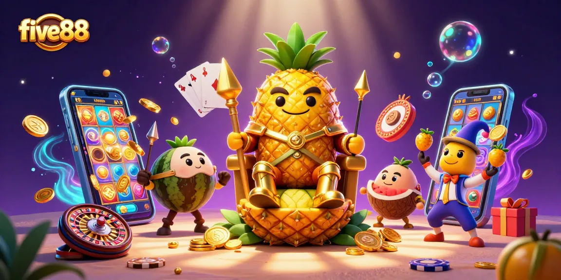 Experience excitement at five88 with a vibrant casino scene featuring a pineapple king and more.