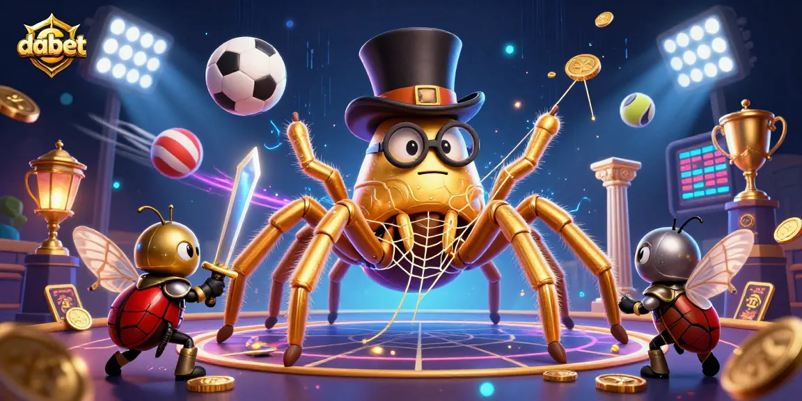 dabet highlights sports betting excitement with a giant golden tarantula weaving golden threads among vibrant, dynamic game elements.