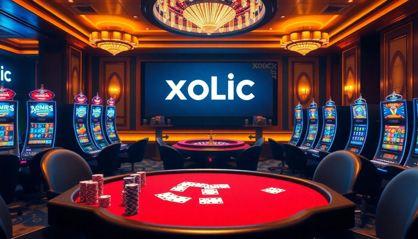 Experience high-stakes excitement at Xoilac's luxurious casino with vibrant slot machines and live poker action.