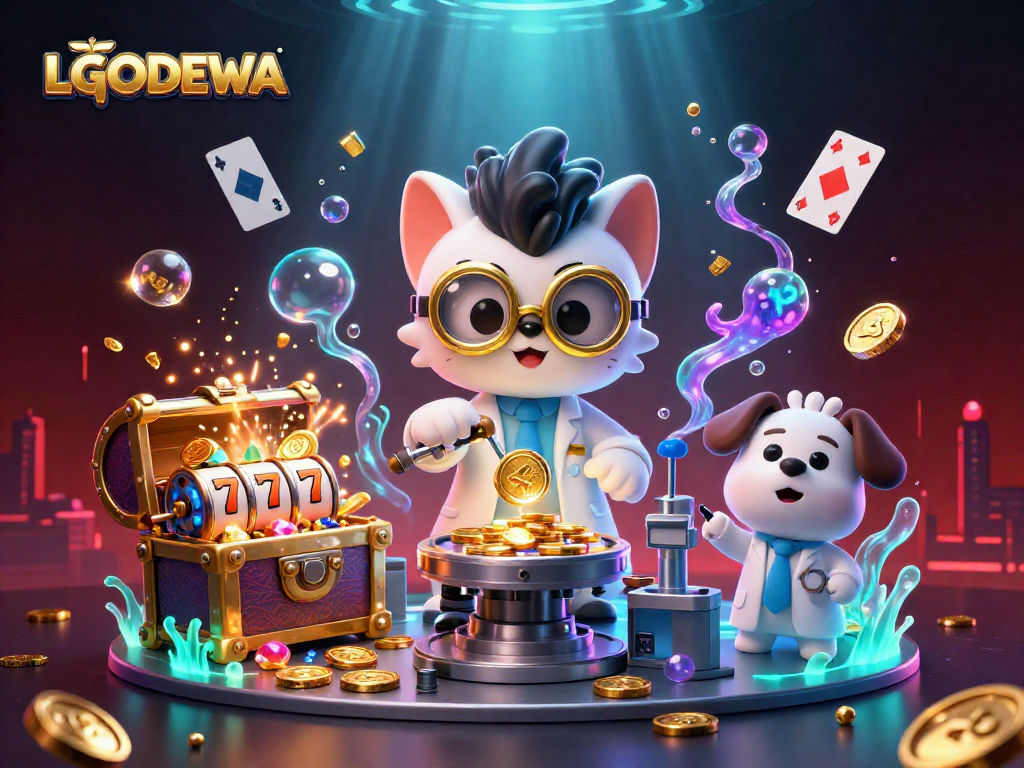 Spin big wins with LGODEWA's vibrant 3D casino-themed illustration featuring lively game elements.