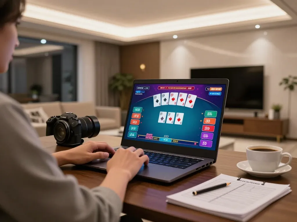 Playing poker online at nhà cái gk88 with a laptop and strategy notes in a cozy environment