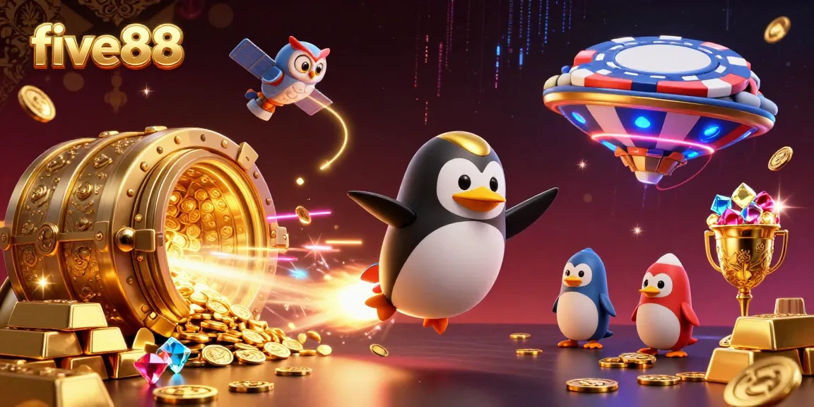 Experience thrilling gameplay at five88 with a dynamic 3D casino illustration showcasing excitement and wealth.