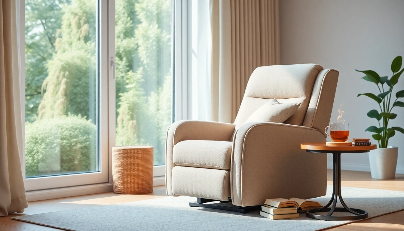 A cozy lift chair positioned in a bright living room, emphasizing relaxation and comfort.