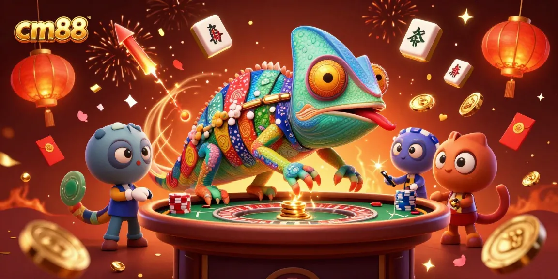 Engage with cm88's vibrant casino environment featuring chameleons and golden coins in action.