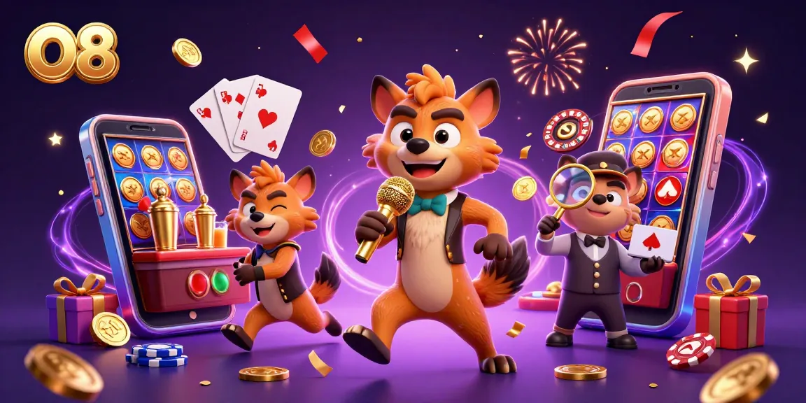 Experience the lively comedy casino scene at O8, featuring animated hyenas performing various acts.