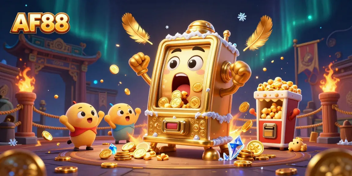 Experience jackpot excitement with AF88 as golden slot machines spill coins in a vibrant casino scene.