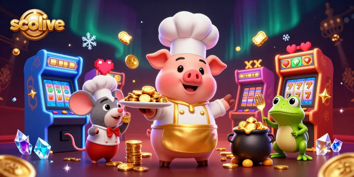 Socolive captivating casino scene with a chef pig serving gold coins, lively slot machines, and striking decorations