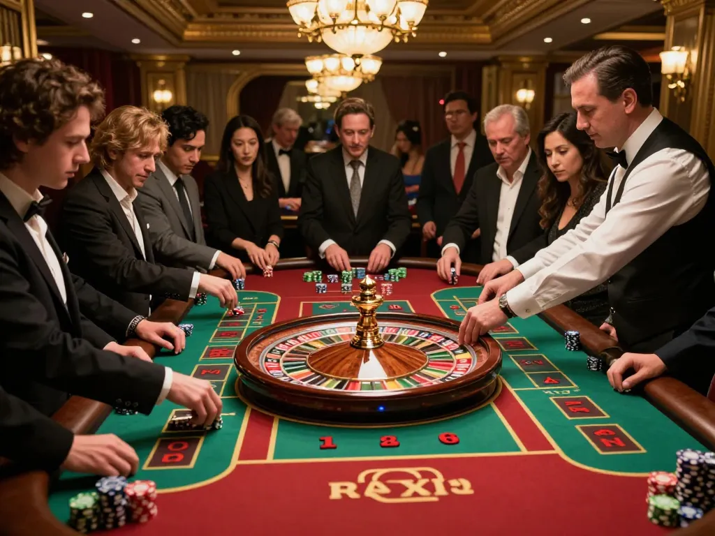 FLY88 roulette game in a luxurious casino with players eagerly placing bets and watching the spinning wheel